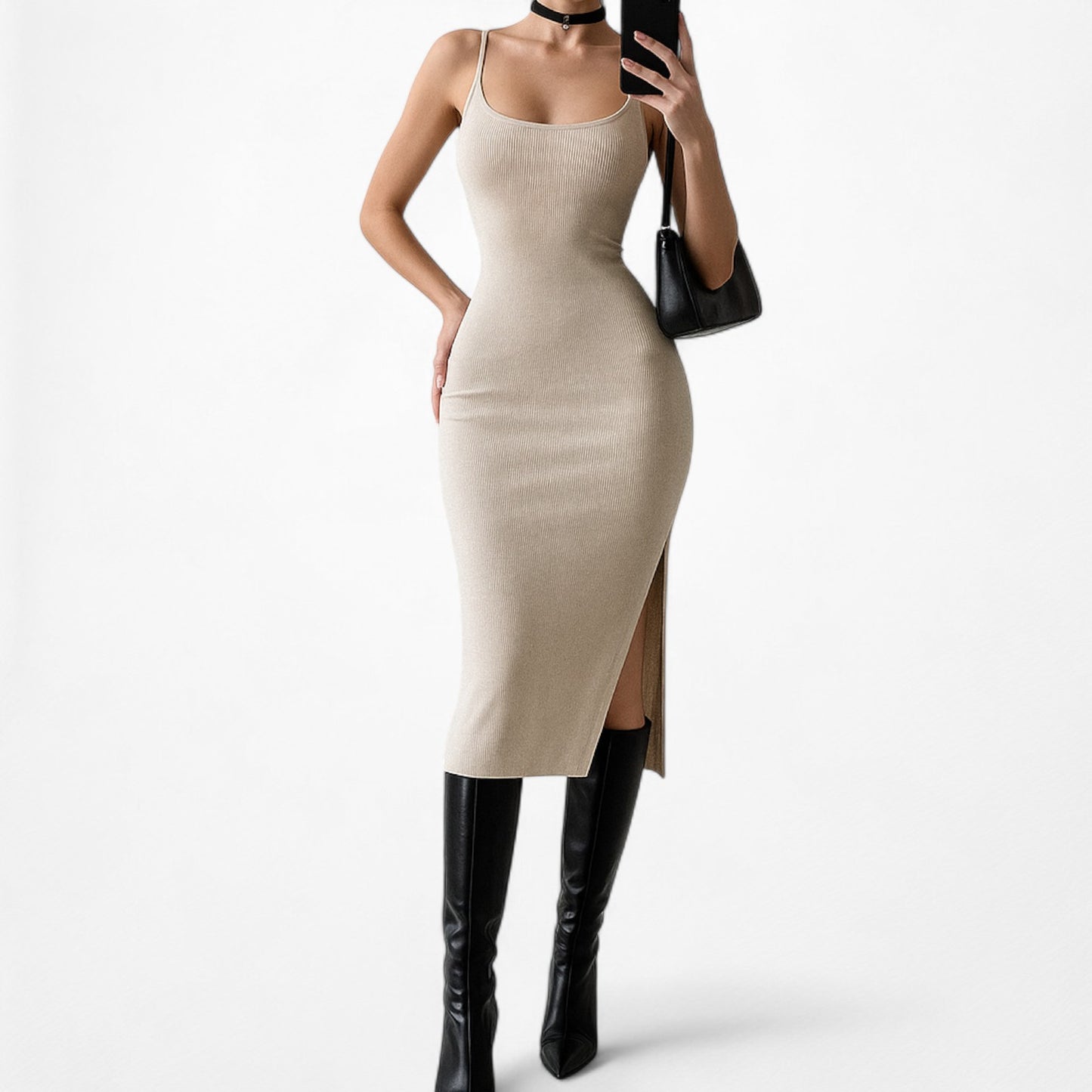 Fashion Nova Beige Nude Knit Bodycon Midi Side Slit Casual Dress Size S/M