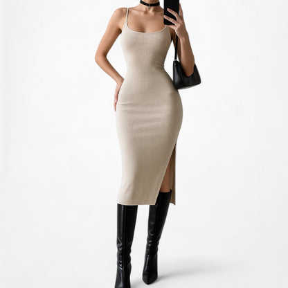 Fashion Nova Beige Nude Knit Bodycon Midi Side Slit Casual Dress Size S/M