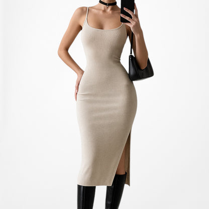 Fashion Nova Beige Nude Knit Bodycon Midi Side Slit Casual Dress Size S/M