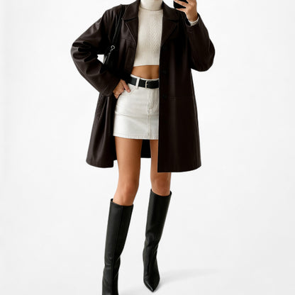 Vintage Y2K Brown Genuine Leather Peacoat Style Long Jacket Coat Size L