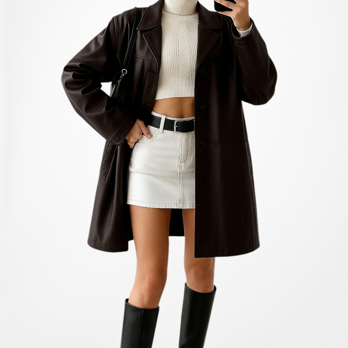 Vintage Y2K Brown Genuine Leather Peacoat Style Long Jacket Coat Size L