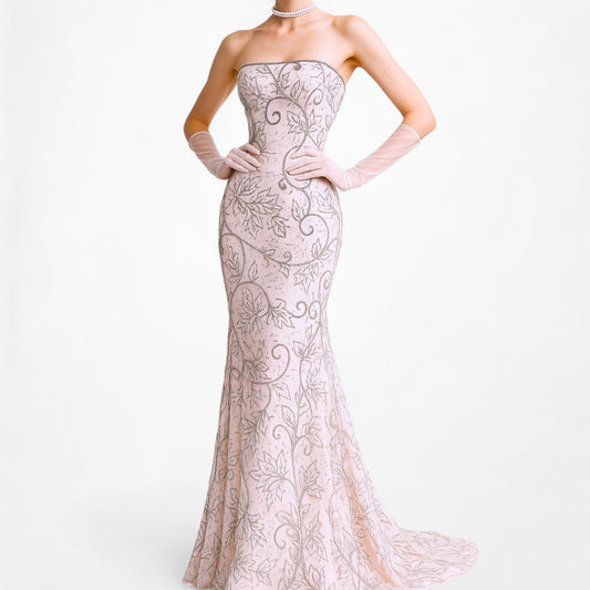 Vintage Y2K Pastel Pink Strapless Floral Beaded Silk Bodycon Maxi Prom Dress Size M