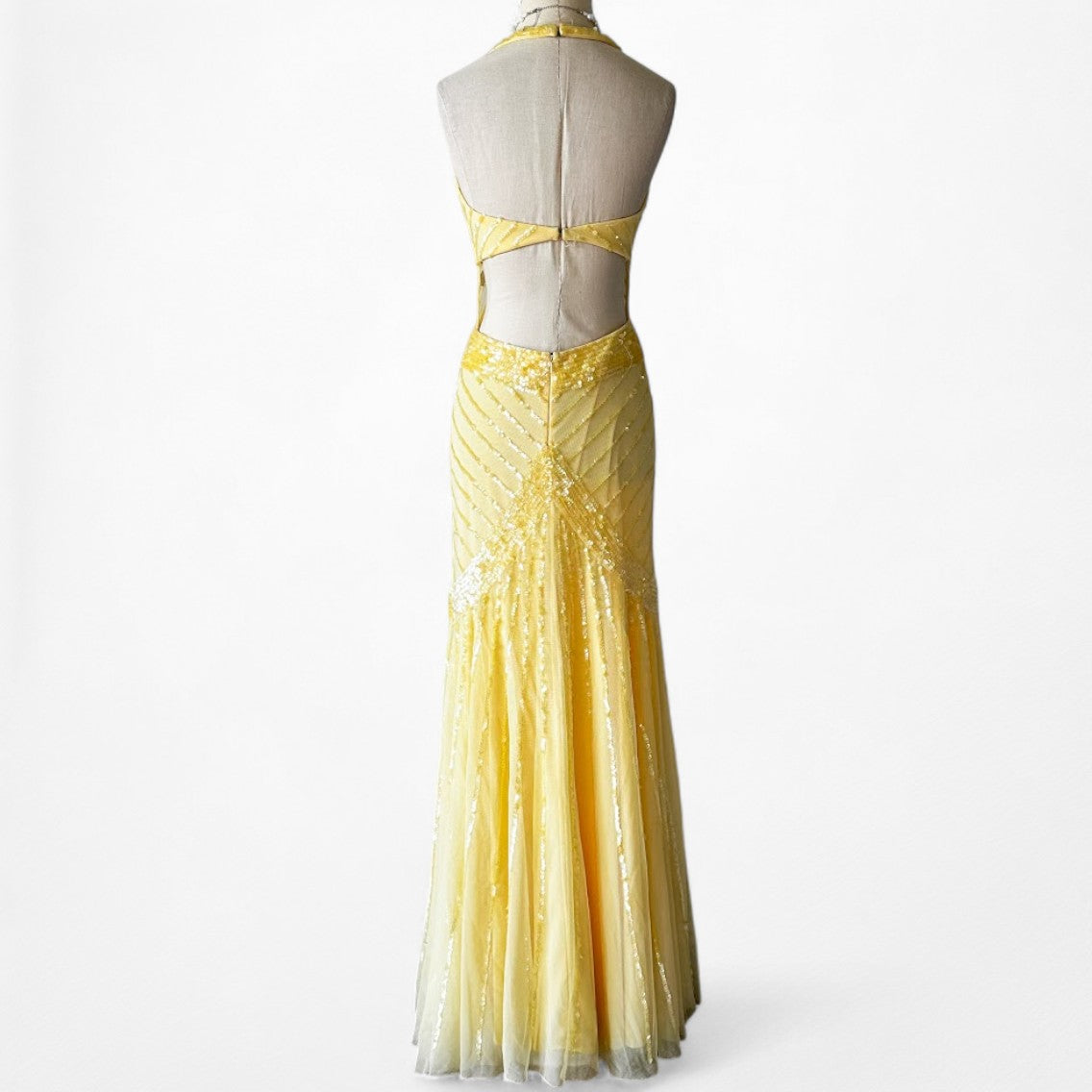 Vintage Y2K Yellow Halter Beaded Sequin Mesh Bodycon Maxi Prom Dress Size XS/S