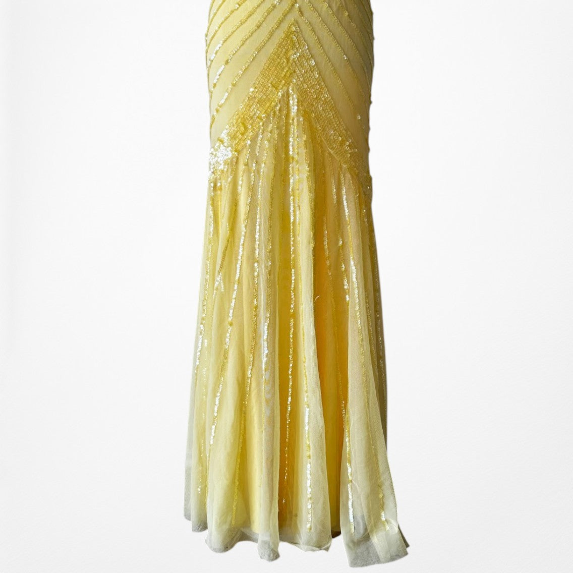 Vintage Y2K Yellow Halter Beaded Sequin Mesh Bodycon Maxi Prom Dress Size XS/S