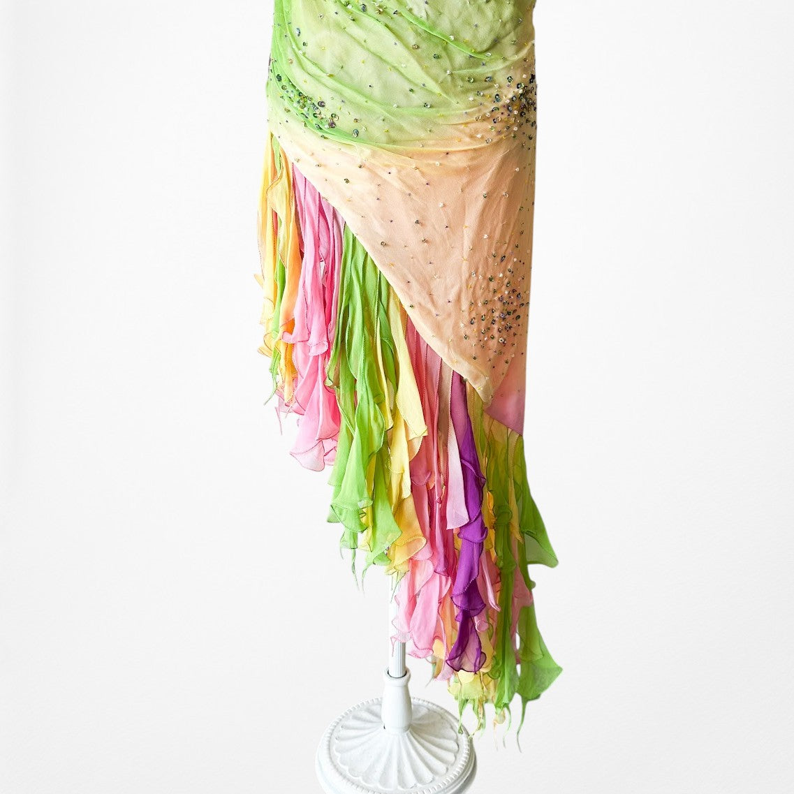 Vintage Pink Strapless Beaded Ruffle Asymmetric High Low Midi Prom Dress Size M