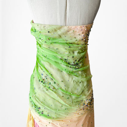 Vintage Pink Strapless Beaded Ruffle Asymmetric High Low Midi Prom Dress Size M