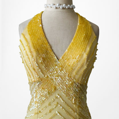 Vintage Y2K Yellow Halter Beaded Sequin Mesh Bodycon Maxi Prom Dress Size XS/S