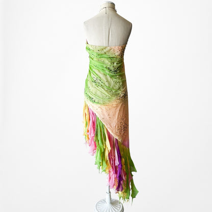 Vintage Pink Strapless Beaded Ruffle Asymmetric High Low Midi Prom Dress Size M