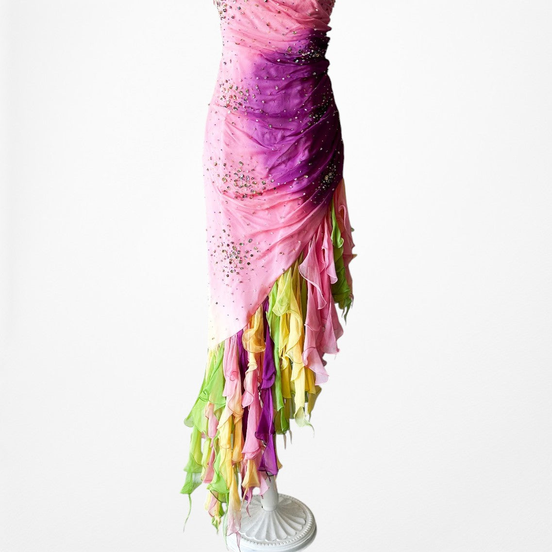 Vintage Pink Strapless Beaded Ruffle Asymmetric High Low Midi Prom Dress Size M