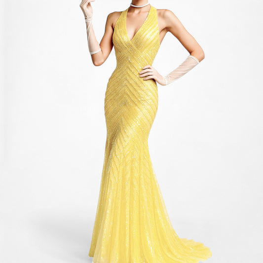 Vintage Y2K Yellow Halter Beaded Sequin Mesh Bodycon Maxi Prom Dress Size XS/S