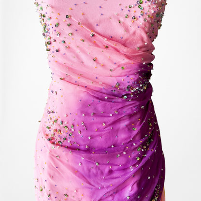 Vintage Pink Strapless Beaded Ruffle Asymmetric High Low Midi Prom Dress Size M