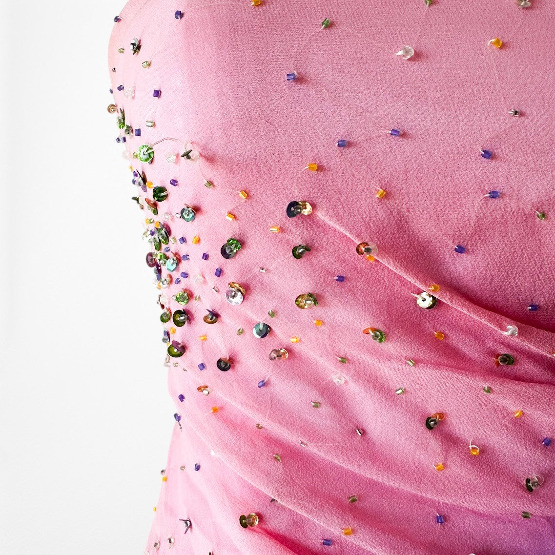 Vintage Pink Strapless Beaded Ruffle Asymmetric High Low Midi Prom Dress Size M