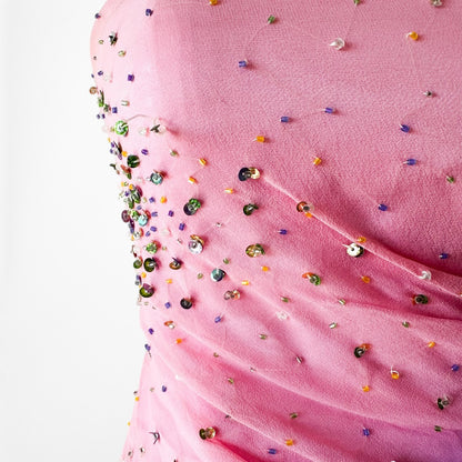 Vintage Pink Strapless Beaded Ruffle Asymmetric High Low Midi Prom Dress Size M