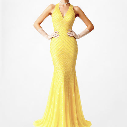 Vintage Y2K Yellow Halter Beaded Sequin Mesh Bodycon Maxi Prom Dress Size XS/S
