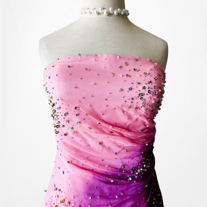 Vintage Pink Strapless Beaded Ruffle Asymmetric High Low Midi Prom Dress Size M