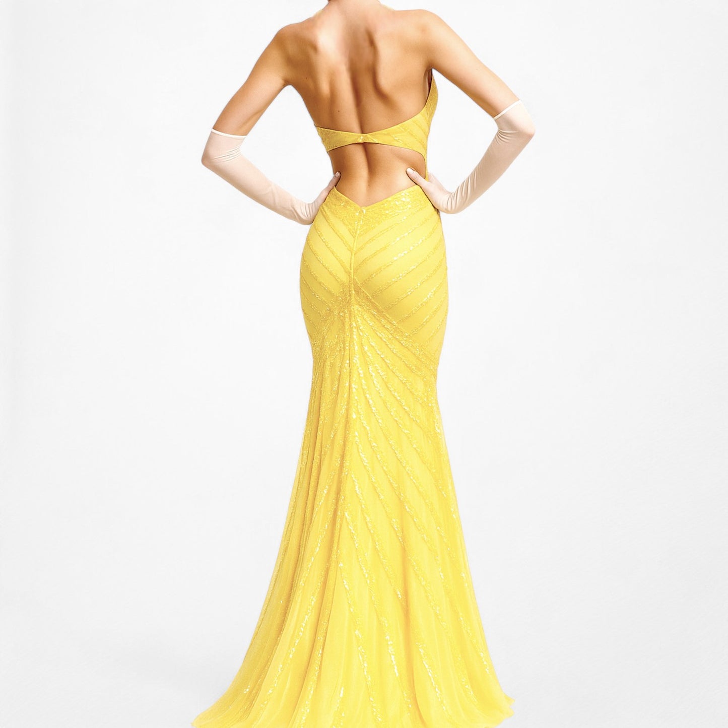 Vintage Y2K Yellow Halter Beaded Sequin Mesh Bodycon Maxi Prom Dress Size XS/S
