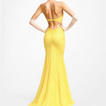 Vintage Y2K Yellow Halter Beaded Sequin Mesh Bodycon Maxi Prom Dress Size XS/S