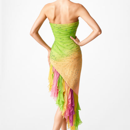 Vintage Pink Strapless Beaded Ruffle Asymmetric High Low Midi Prom Dress Size M