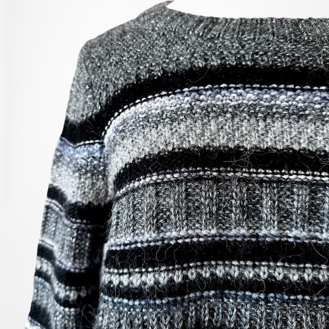 Vintage Y2K Wool Blend Metallic Black Gray Striped Knit Oversized Sweater Size S