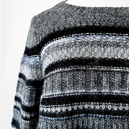 Vintage Y2K Wool Blend Metallic Black Gray Striped Knit Oversized Sweater Size S
