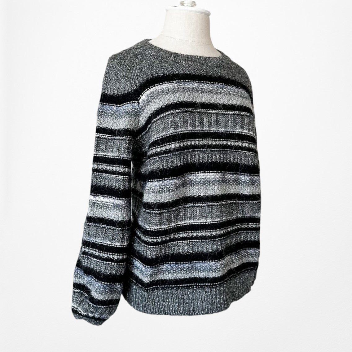 Vintage Y2K Wool Blend Metallic Black Gray Striped Knit Oversized Sweater Size S