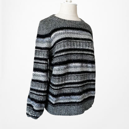 Vintage Y2K Wool Blend Metallic Black Gray Striped Knit Oversized Sweater Size S