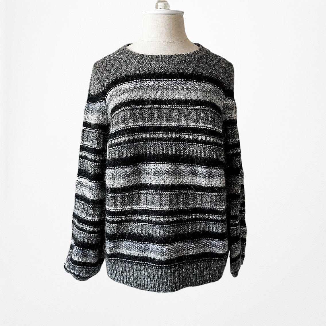 Vintage Y2K Wool Blend Metallic Black Gray Striped Knit Oversized Sweater Size S