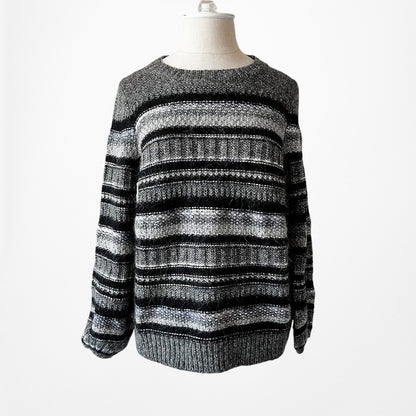 Vintage Y2K Wool Blend Metallic Black Gray Striped Knit Oversized Sweater Size S