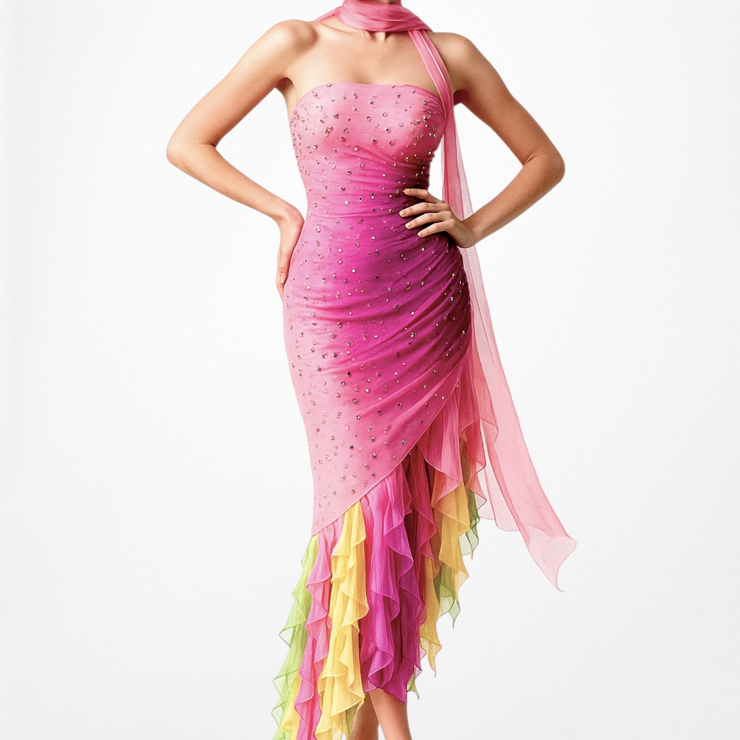 Vintage Pink Strapless Beaded Ruffle Asymmetric High Low Midi Prom Dress Size M