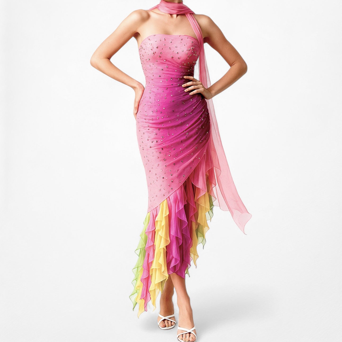 Vintage Pink Strapless Beaded Ruffle Asymmetric High Low Midi Prom Dress Size M