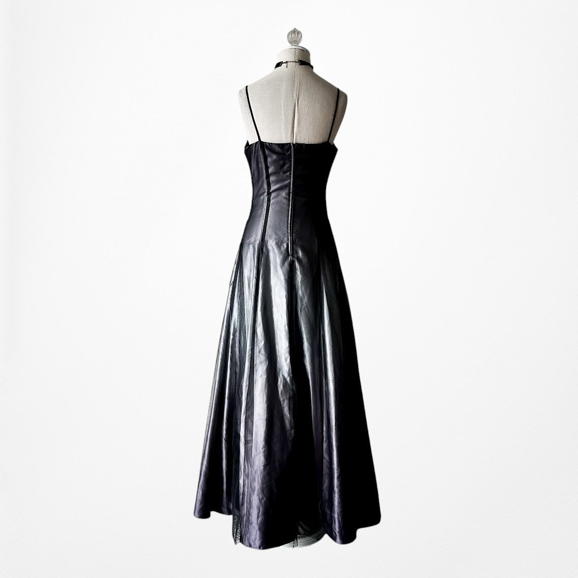 Vintage Y2K Black Purple Beaded Satin Ombre Mesh Fit Flared Maxi Prom Dress S/M