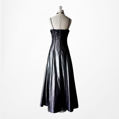 Vintage Y2K Black Purple Beaded Satin Ombre Mesh Fit Flared Maxi Prom Dress S/M