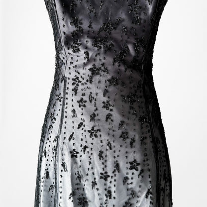 Vintage Y2K Black Purple Beaded Satin Ombre Mesh Fit Flared Maxi Prom Dress S/M