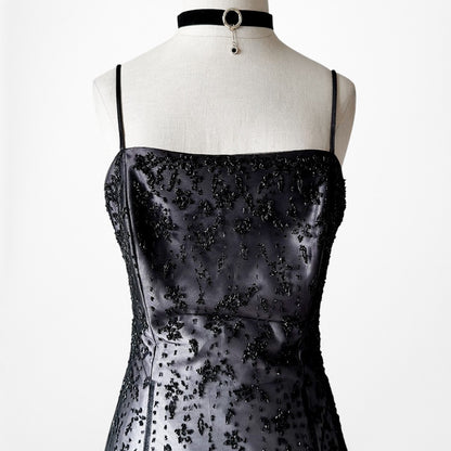 Vintage Y2K Black Purple Beaded Satin Ombre Mesh Fit Flared Maxi Prom Dress S/M