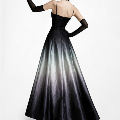 Vintage Y2K Black Purple Beaded Satin Ombre Mesh Fit Flared Maxi Prom Dress S/M