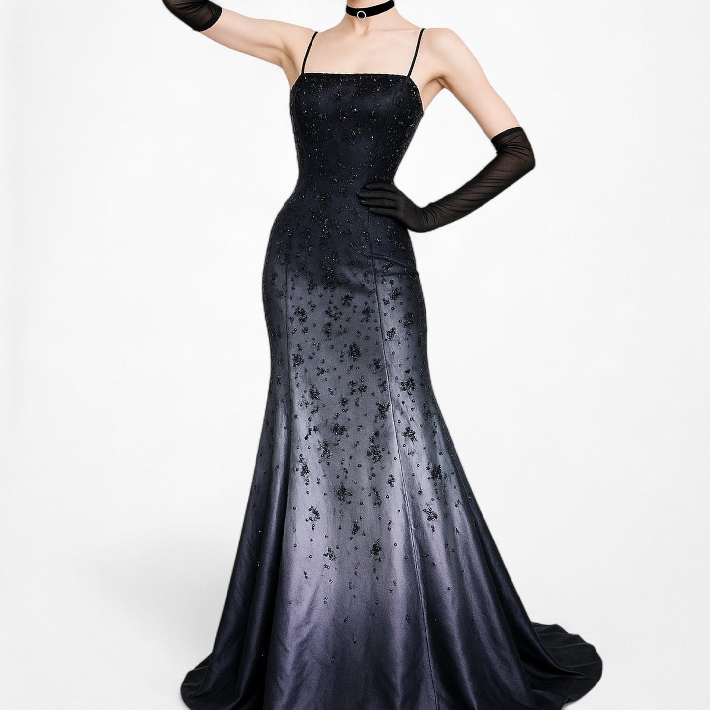 Vintage Y2K Black Purple Beaded Satin Ombre Mesh Fit Flared Maxi Prom Dress S/M