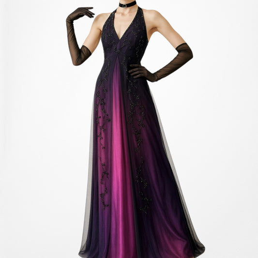 Vintage Purple Gradient Floral Beaded Satin Mesh Babydoll Prom Dress Size M