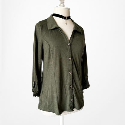 Fashion Nova Camo Green Knit Button Down Front 3/4 Sleeve Top Size M/L