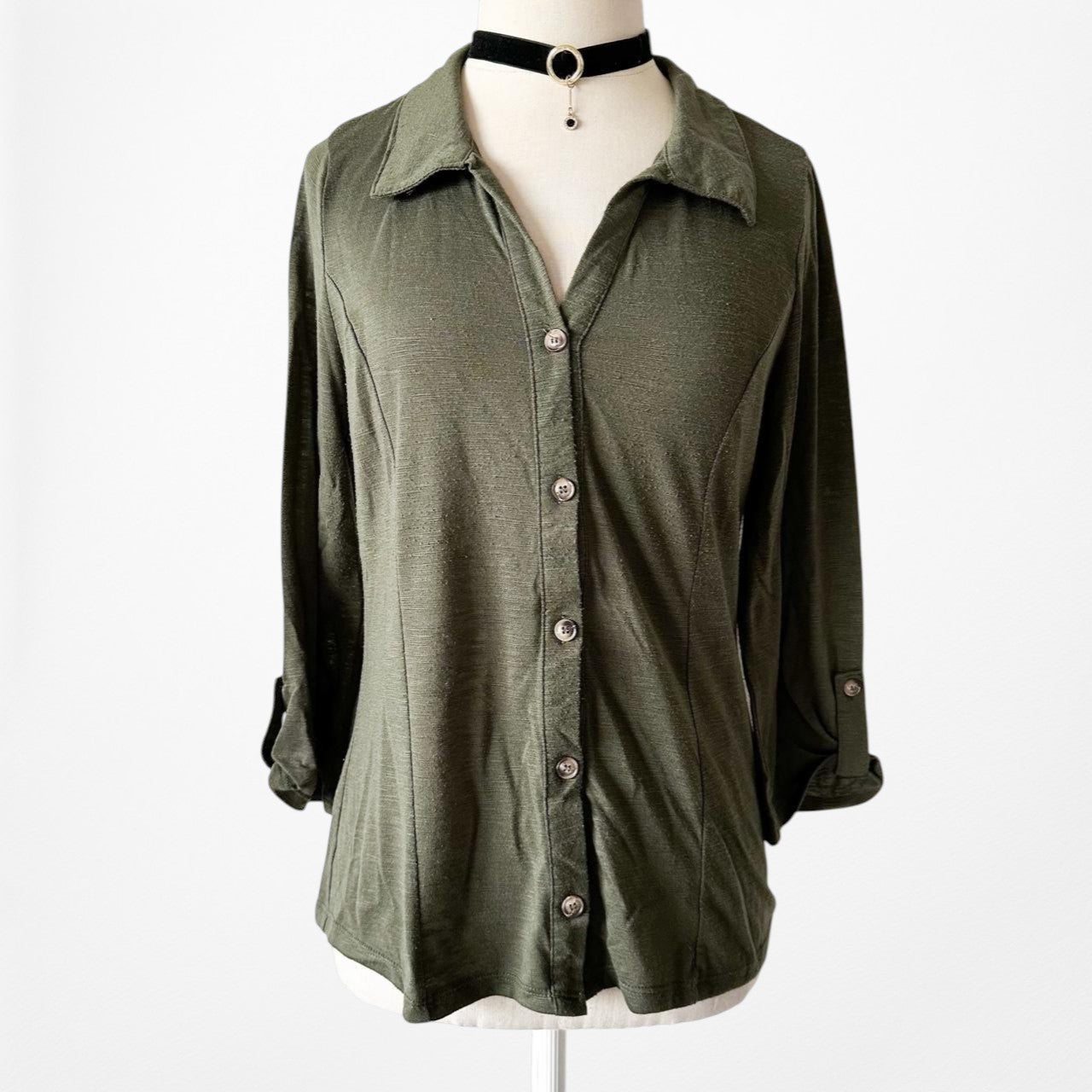 Fashion Nova Camo Green Knit Button Down Front 3/4 Sleeve Top Size M/L