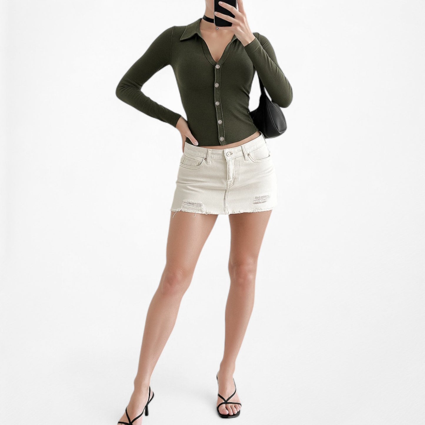 Fashion Nova Camo Green Knit Button Down Front 3/4 Sleeve Top Size M/L