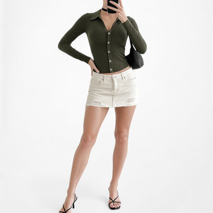 Fashion Nova Camo Green Knit Button Down Front 3/4 Sleeve Top Size M/L