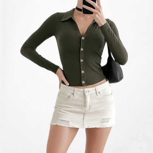 Fashion Nova Camo Green Knit Button Down Front 3/4 Sleeve Top Size M/L