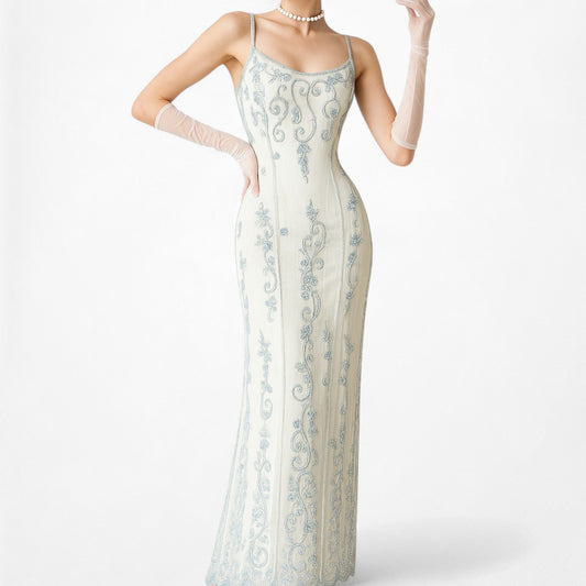 Vintage Baby Blue Silk Floral Beaded Bodycon Maxi Prom Dress Size S