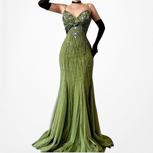 Vintage Green Flared Floral Beaded Mesh Bodycon Maxi Prom Dress Size S
