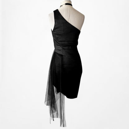 Jessica McClintock Black One Shoulder Mesh Ruffle Bodycon Mini Dress Size S