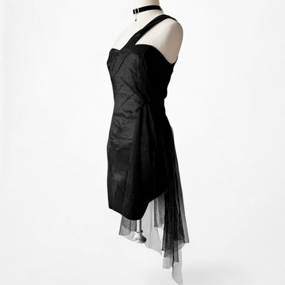 Jessica McClintock Black One Shoulder Mesh Ruffle Bodycon Mini Dress Size S