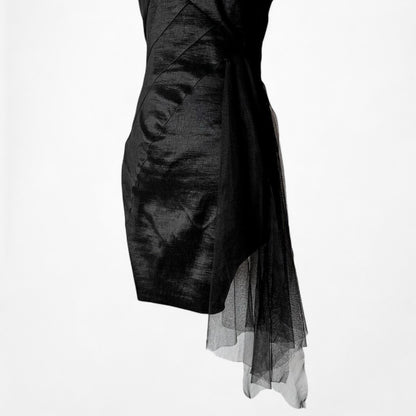 Jessica McClintock Black One Shoulder Mesh Ruffle Bodycon Mini Dress Size S