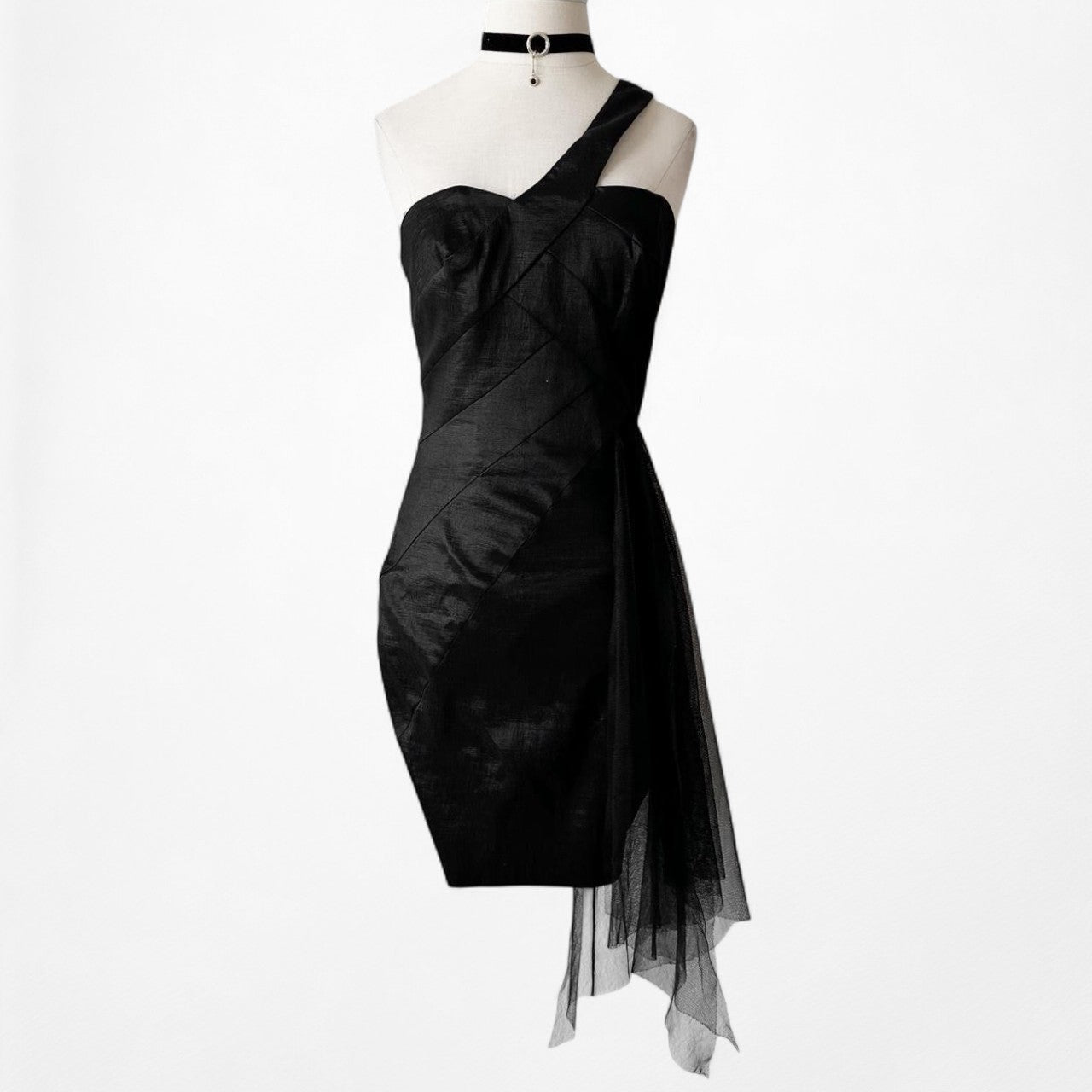 Jessica McClintock Black One Shoulder Mesh Ruffle Bodycon Mini Dress Size S