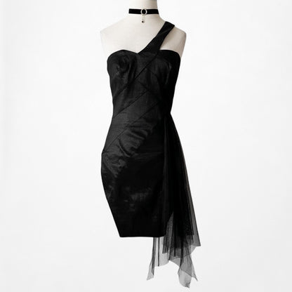 Jessica McClintock Black One Shoulder Mesh Ruffle Bodycon Mini Dress Size S