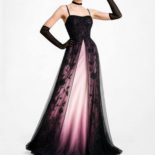 Vintage Plum Brown Floral Beaded Satin Gradient Mesh Maxi Prom Dress Size S